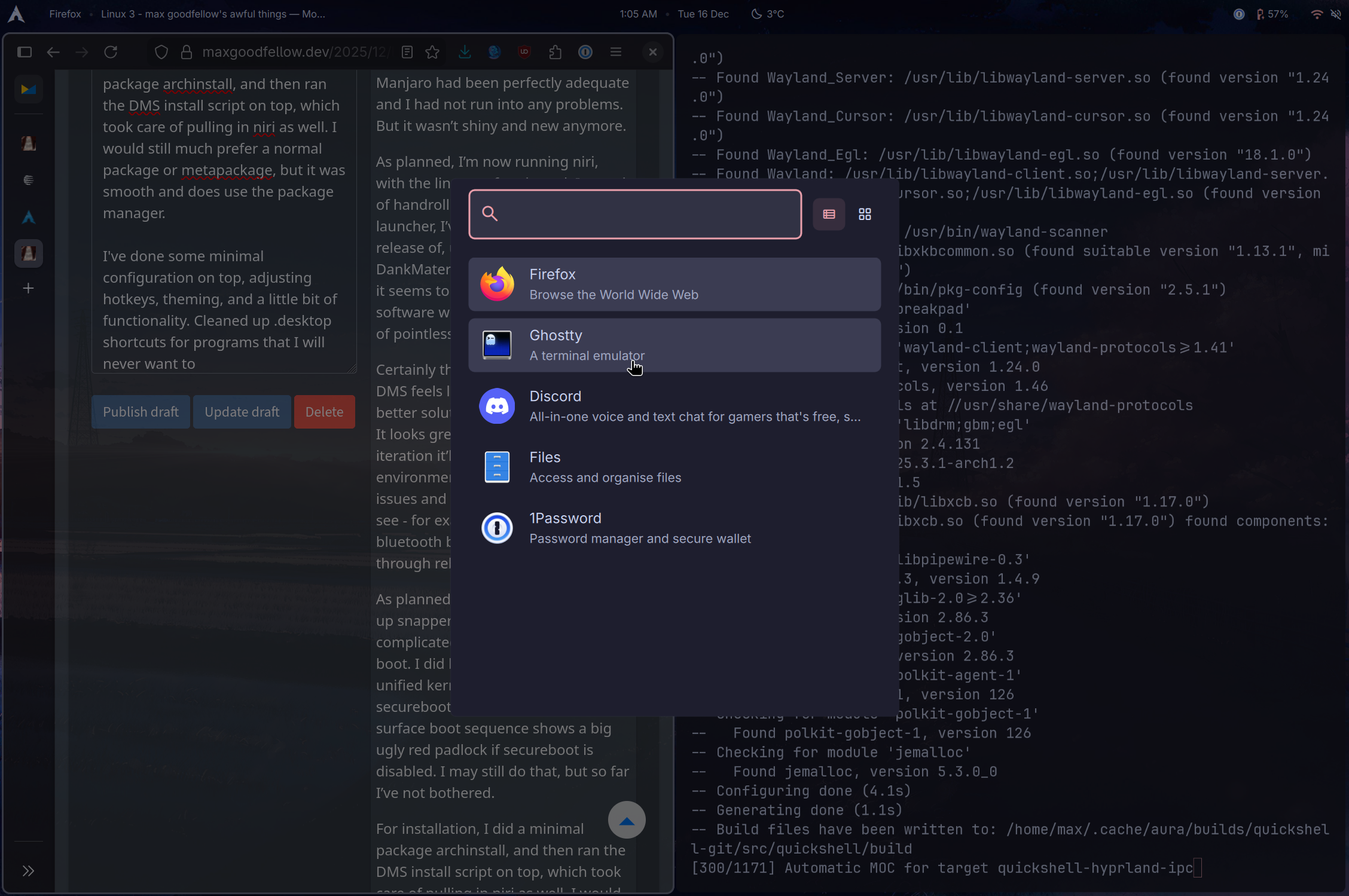 screenshot of this post being written alongside my terminal showing some ugly compilation in progress. it's in my desktop environment, with a dark theme and tasteful salmon accents.
