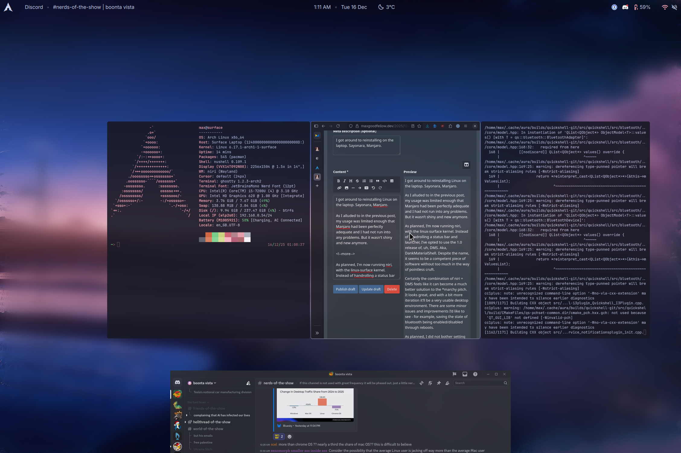 the overview in niri, with various windows visible across a few rows and columns.